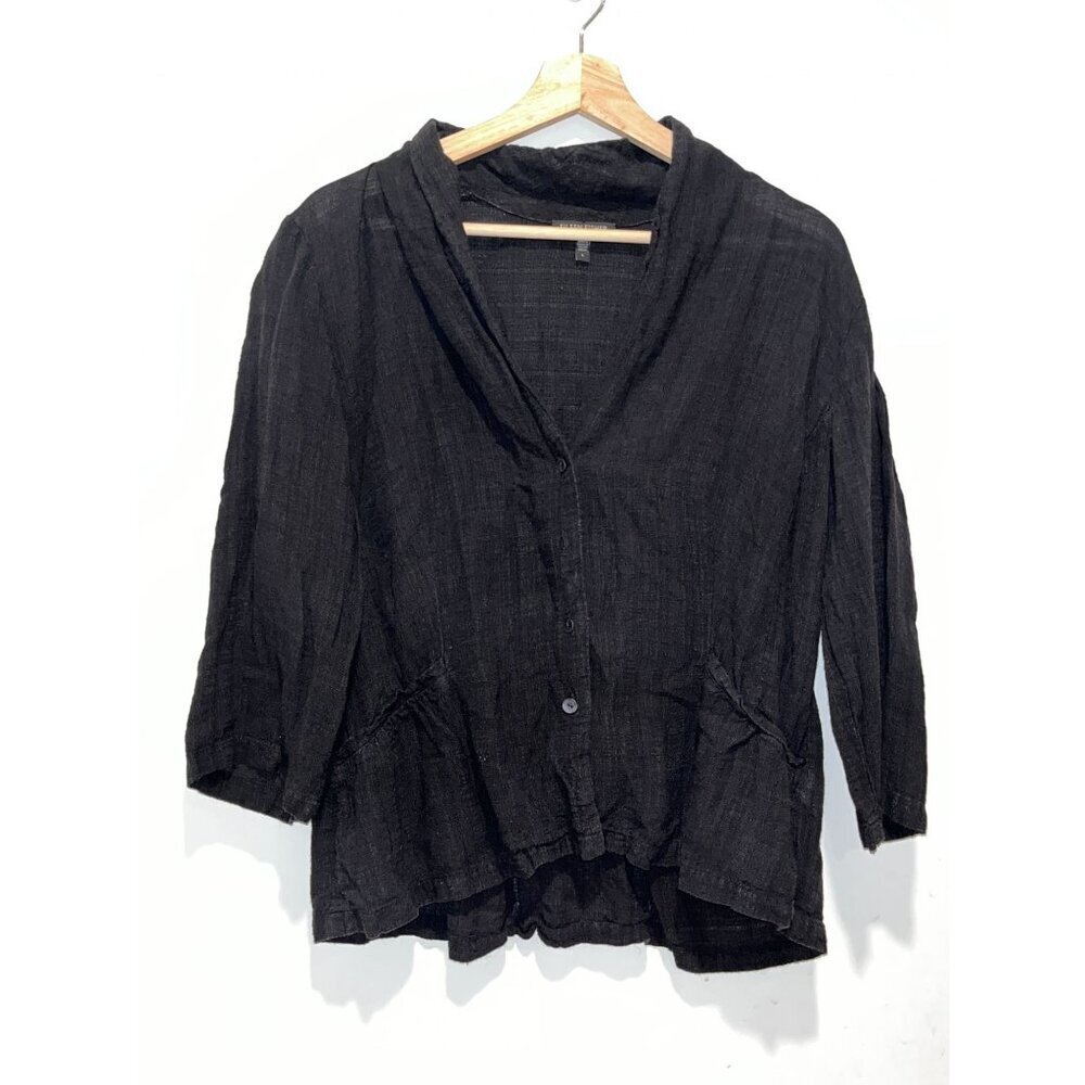 Eileen Fisher Black Linen Blend Button Front Tunic 3/4 Sleeves Women's Top L